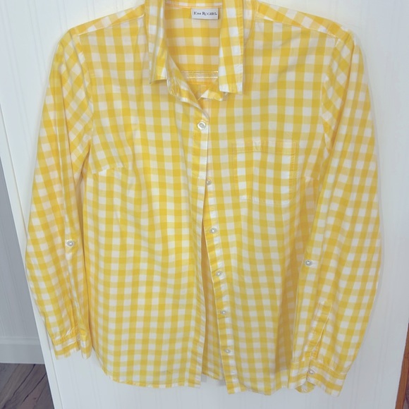 Long sleeve yellow and white check button down top. - Picture 1 of 5